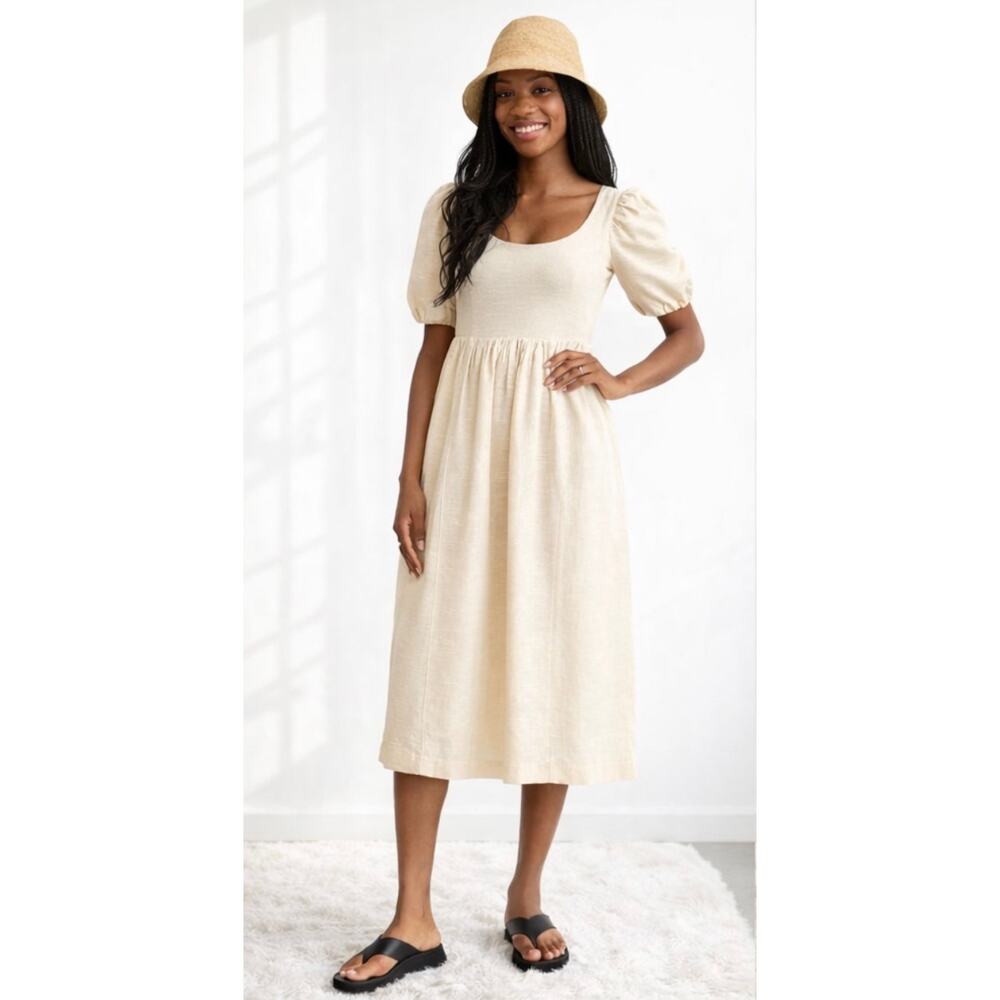 & Other Stories Puff Sleeve Midi Dress Cream US 4 Romantic Bow Back